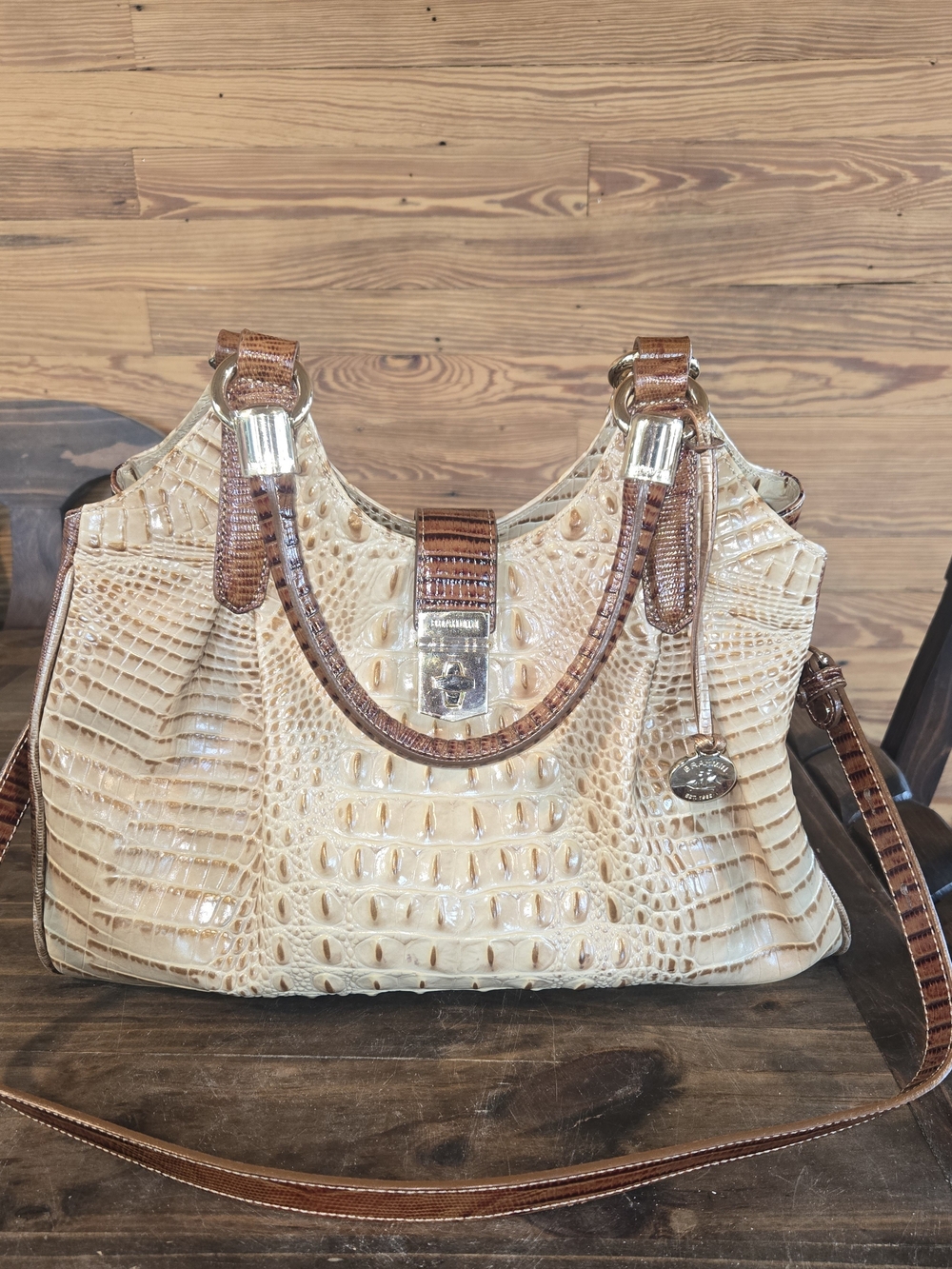 Rare Brahmin Elisa Croc-Embossed Cream and Pecan Satchel Never Used
